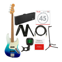 4-струнная электрическая бас-гитара Fender Player Plus Jazz (правая, цвет Belair Blue) с деревянным корпусом, 7250 басовых струн из никелированной стали, кожаный ремешок, инструментальный кабель, комплект подставки для гитары