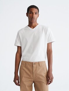 Гладкая хлопковая однотонная футболка с v-образным вырезом Calvin Klein, белый