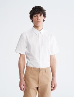 Рубашка узкого кроя с короткими рукавами и монограммой из эластичного хлопка с логотипом Calvin Klein, белый