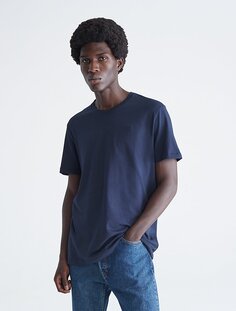 Гладкая хлопковая однотонная футболка с круглым вырезом Calvin Klein, сапфировый
