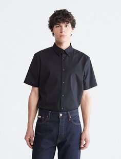 Рубашка узкого кроя с короткими рукавами и монограммой из эластичного хлопка с логотипом Calvin Klein, черный