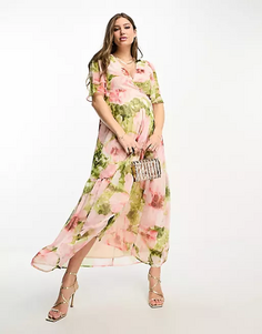 Платье Hope &amp; Ivy Maternity ruffle wrap in floral print, розовый/зеленый