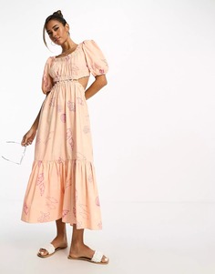 Платье миди Asos Design 2 в 1 с пышными рукавами и вырезом, розовый
