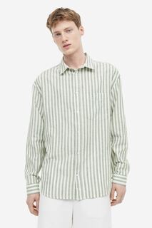 Рубашка свободного кроя из смесового льна H&amp;M, зеленая/белая полоска H&M