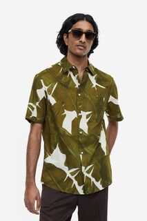 Хлопковая рубашка классического кроя H&amp;M, зеленый хаки/листовой рисунок H&M