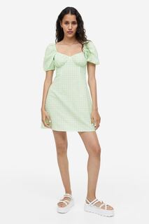 Креповое платье с пышными рукавами H&amp;M, светло-зеленый/клетчатый H&M