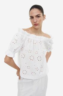 Блузка с открытыми плечами и вышивкой на люверсах H&amp;M, белый H&M