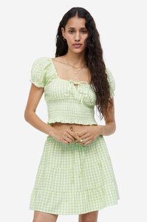 Присборенная блузка с пышными рукавами H&amp;M, светло-зеленый/клетчатый H&M
