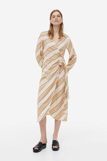 Платье с запахом из смесовой льняной ткани H&amp;M, бежевые/диагональные полосы H&M