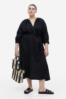 Льняное платье с поясом на завязках H&amp;M, черный H&M
