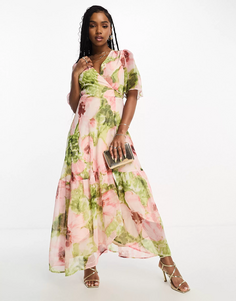 Платье Hope &amp; Ivy ruffle wrap in floral print, розовый/зеленый
