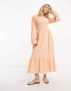 Платье-миди Monki Long Sleeve With Ruffled Hem Gingham, оранжевый