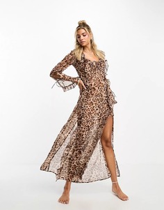 Пляжное шифоновое леопардовое платье макси Miss Selfridge с длинными рукавами и разрезом по бокам, мультиколор