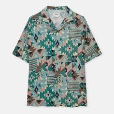 Рубашка Pull&amp;Bear Retro с коротким рукавом, зеленый/розовый/коричневый