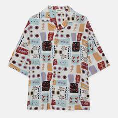 Рубашка Pull&amp;Bear Print с коротким рукавом, белый/красный/оранжевый