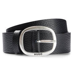 Ремень Hugo Grained-leather With Silver-toned Branded Buckle, черный