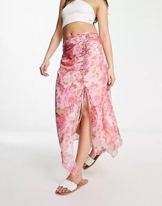 Юбка Stradivarius Ruched Mesh Midi In Floral Print, розовый