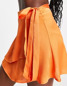 Юбка Stradivarius Satin Wrap Mini, оранжевый