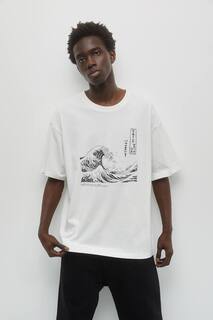 Hokusai T-shirt Pull&amp;Bear, кремовый