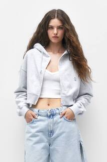 Укороченная толстовка с капюшоном на молнии Pull&amp;Bear, серый