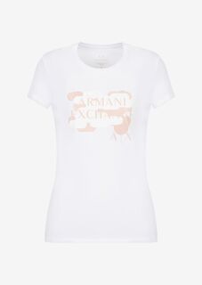 Приталенная футболка из хлопкового джерси с круглым вырезом и цветочным логотипом из органического джерси Armani Exchange, белый