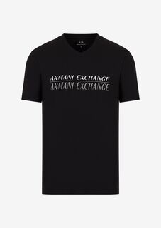 Приталенная футболка из хлопкового джерси стрейч с логотипом Armani Exchange, черный