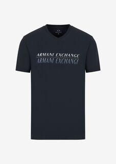 Приталенная футболка из хлопкового джерси стрейч с логотипом Armani Exchange, синий