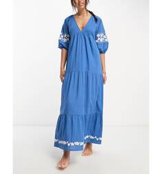 Кобальтово-синее пляжное летнее платье макси с вышивкой Accessorize