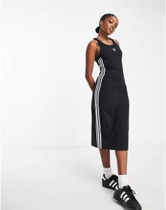 Черное платье миди без рукавов с тремя полосками adidas Originals