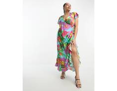 Атласное платье макси с запахом и оборками ASOS DESIGN Curve с крупным ярким цветочным принтом ASOS DESIGN Curve ASOS Curve
