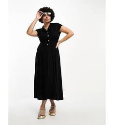 Черное льняное платье-рубашка миди с короткими рукавами и защипами ASOS DESIGN Curve ASOS Curve