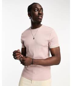 Серо-розовая футболка в рубчик с объемным кроем ASOS DESIGN с контрастной белой окантовкой ASOS DESIGN