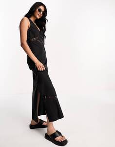 Черное платье макси без рукавов из мягкого денима с кружевной вставкой ASOS DESIGN