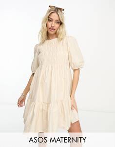 Кремовое платье мини со сборками и пышными рукавами ASOS DESIGN Maternity ASOS Maternity