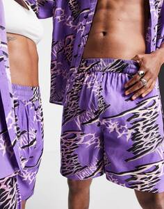 Фиолетовые шорты унисекс с опечаточным принтом COLLUSION