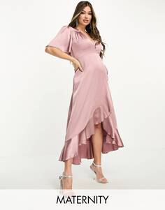 Атласное миди-платье миди с запахом и рукавами-крылышками Flounce London Maternity цвета розового вереска