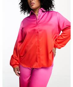 Сатиновая рубашка оверсайз Flounce London Plus розово-красного цвета с эффектом омбре