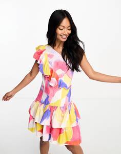 Разноцветное платье мини на одно плечо с рюшами French Connection