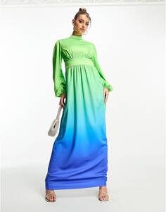 Сине-зеленое платье макси с объемными рукавами и воланами London Flounce London