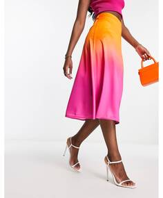 Розово-оранжевая юбка миди с косым вырезом Flounce London