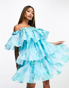 Синее ярусное мини-платье-бандо с цветочным принтом Forever Unique