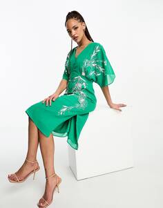 Зеленое платье миди с глубоким вырезом и вышивкой Hope &amp; Ivy