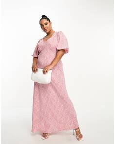 Розовое чайное платье миди с короткими рукавами и винтажным цветочным принтом Glamorous Curve