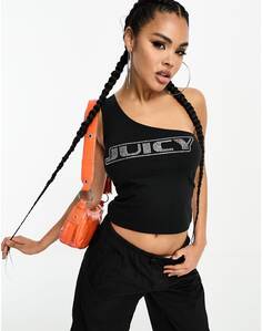 Черный топ на одно плечо со стразами и логотипом Juicy Couture