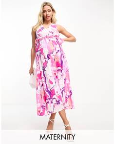 Платье миди без рукавов с розовым цветочным принтом Mamalicious Maternity Mama.licious