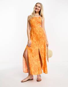 Оранжевое платье макси с вырезами на бретельках Miss Selfridge и тропическим цветочным принтом