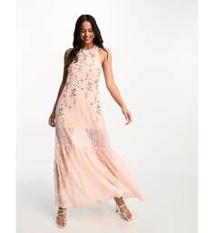 Розовое кружевное платье макси с вышивкой розами Miss Selfridge