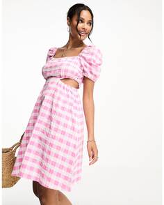 Розовое платье мини в мелкую клетку с объемными рукавами Monki