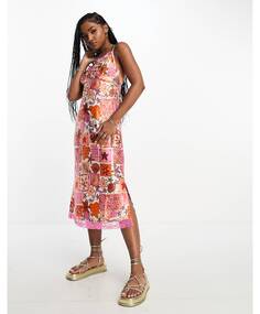 Разноцветное атласное платье миди с тропическим принтом Neon Rose