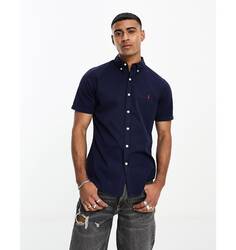 Темно-синяя рубашка узкого кроя из твила с короткими рукавами и логотипом Polo Ralph Lauren